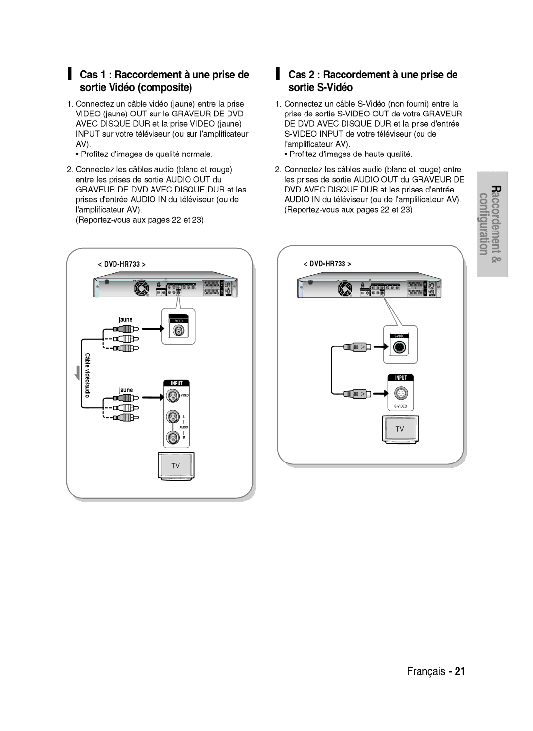 Samsung DVD-HR738/XEF manual Cas 2 Raccordement à une prise de sortie S-Vidéo 