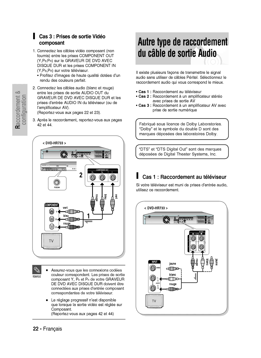 Samsung DVD-HR738/XEF manual Cas 3 Prises de sortie Vidéo composant, Cas 1 Raccordement au téléviseur 