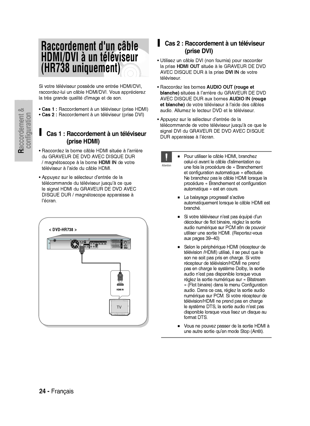 Samsung DVD-HR738/XEF manual HR738 uniquement, Cas 1 Raccordement à un téléviseur, Prise Hdmi 