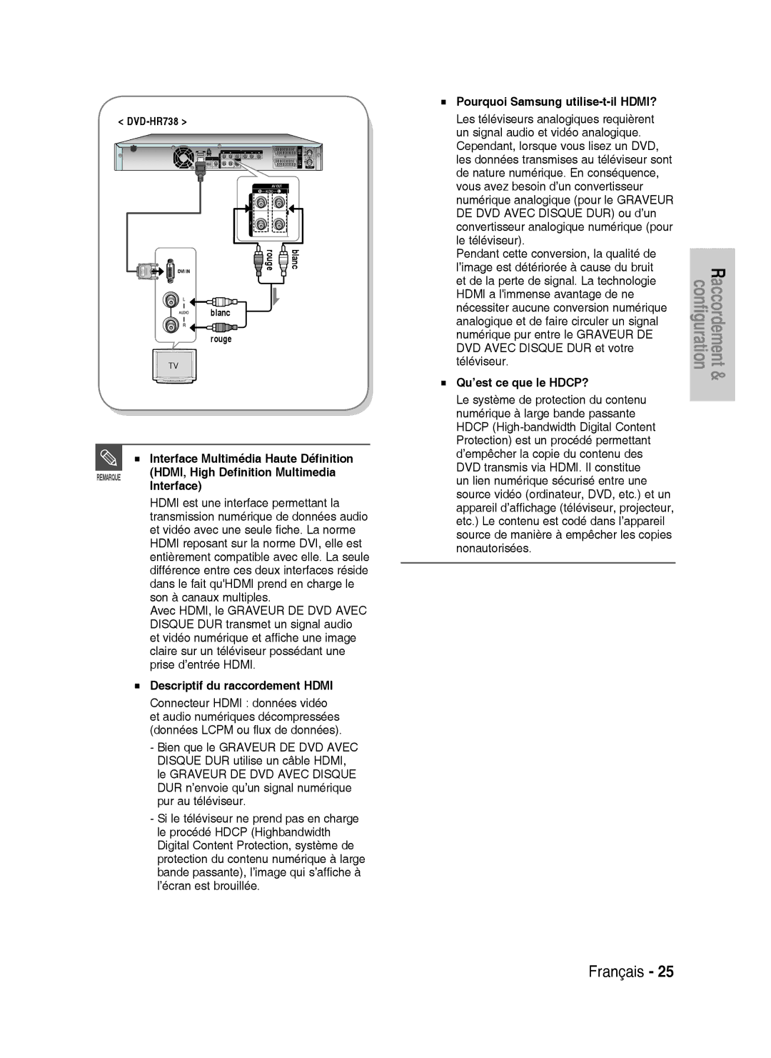 Samsung DVD-HR738/XEF manual Descriptif du raccordement Hdmi 