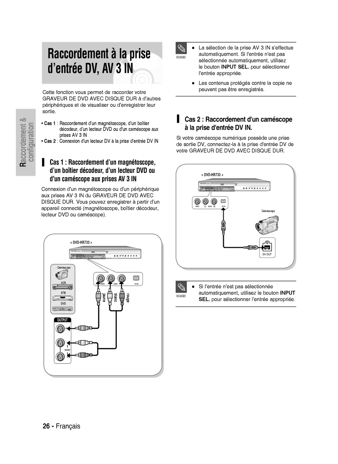 Samsung DVD-HR738/XEF manual Prises AV 3, La sélection de la prise AV 3 in s’effectue 