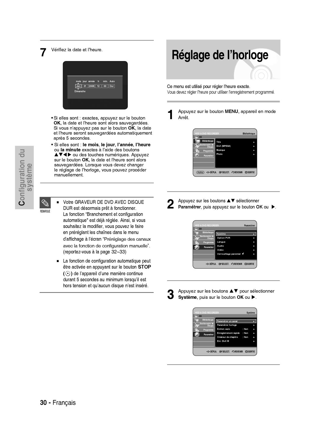 Samsung DVD-HR738/XEF manual Réglage de l’horloge, DUR est désormais prêt à fonctionner, Reportez-vous à la page 32~33 