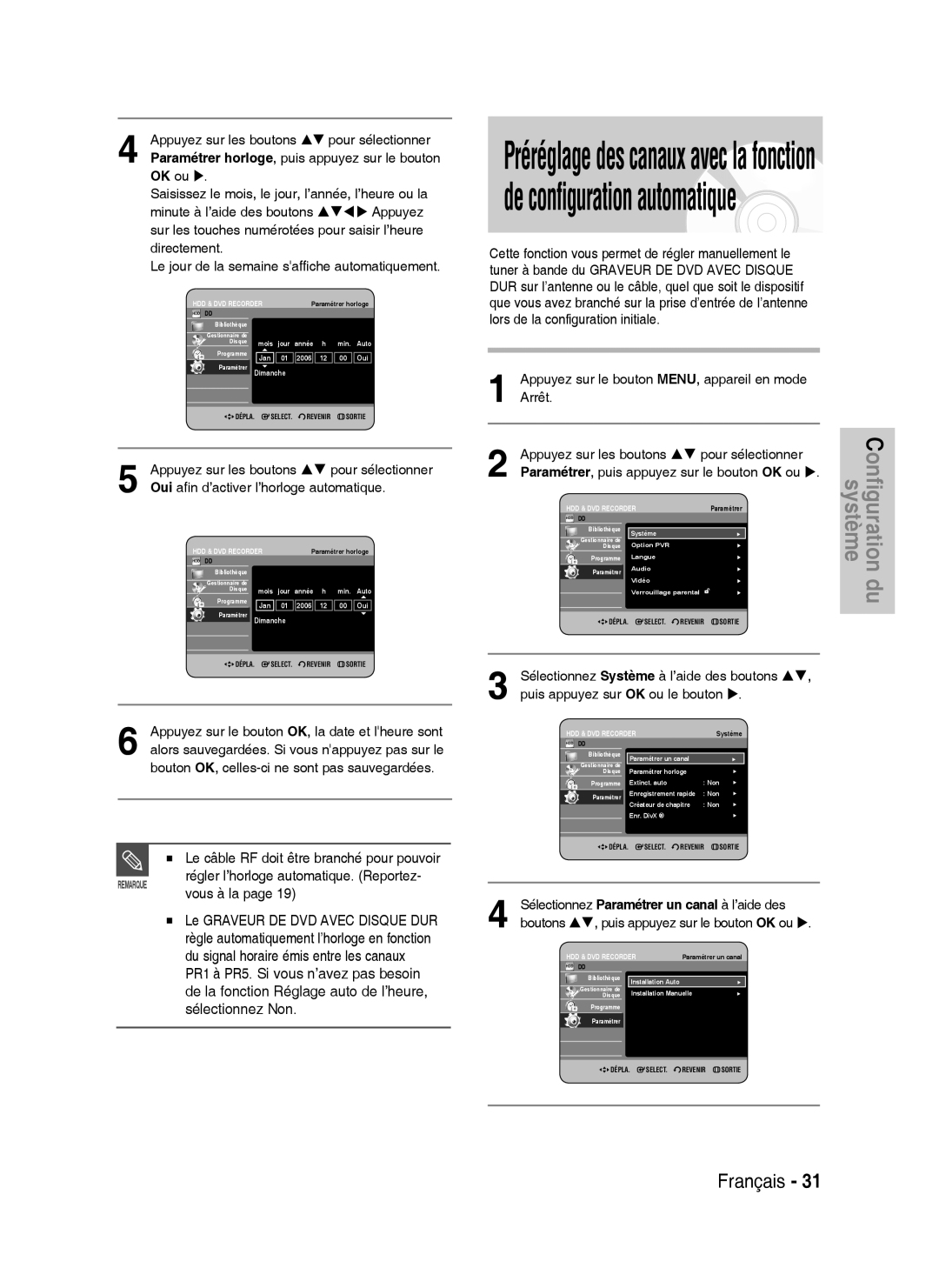 Samsung DVD-HR738/XEF manual Vous à la, Oui afin d’activer l’horloge automatique, Puis appuyez sur OK ou le bouton 