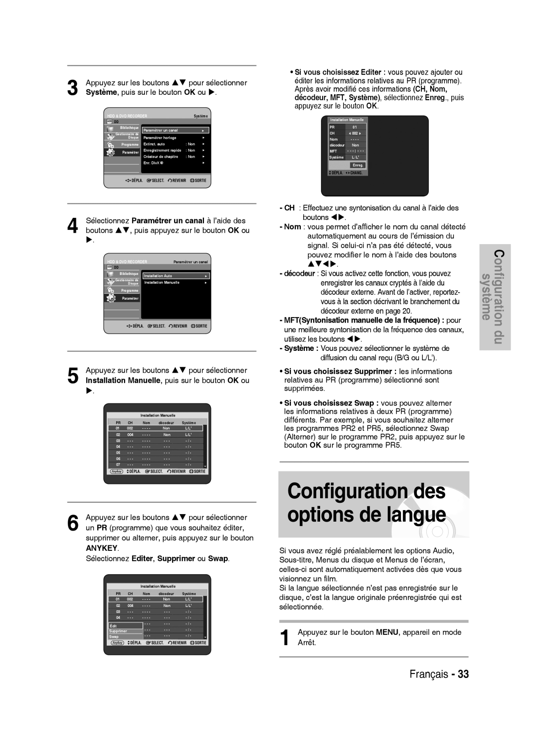 Samsung DVD-HR738/XEF manual Configuration des options de langue, Sélectionnez Editer, Supprimer ou Swap 