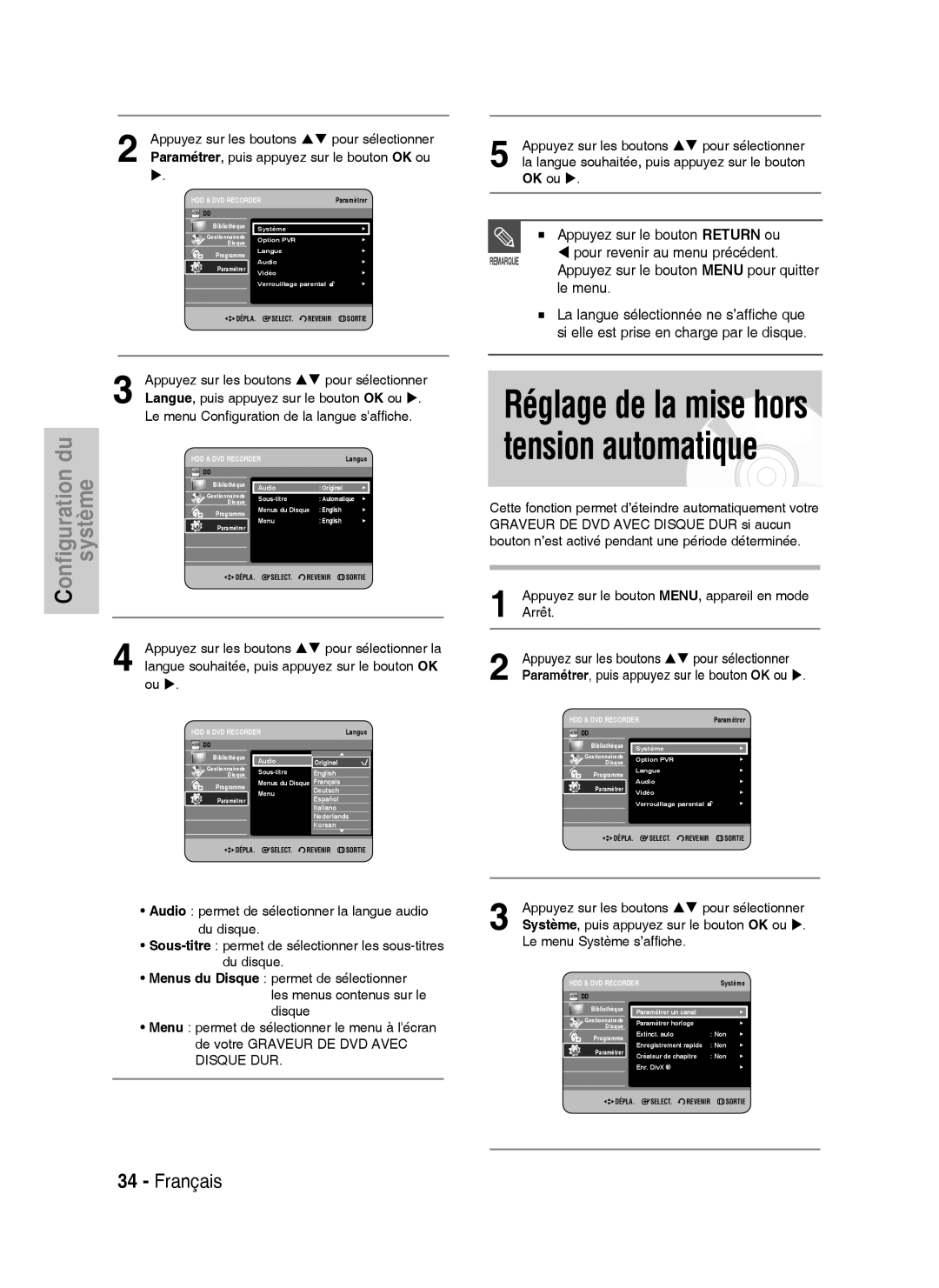 Samsung DVD-HR738/XEF manual Appuyez sur le bouton Return ou, Pour revenir au menu précédent, Le menu 