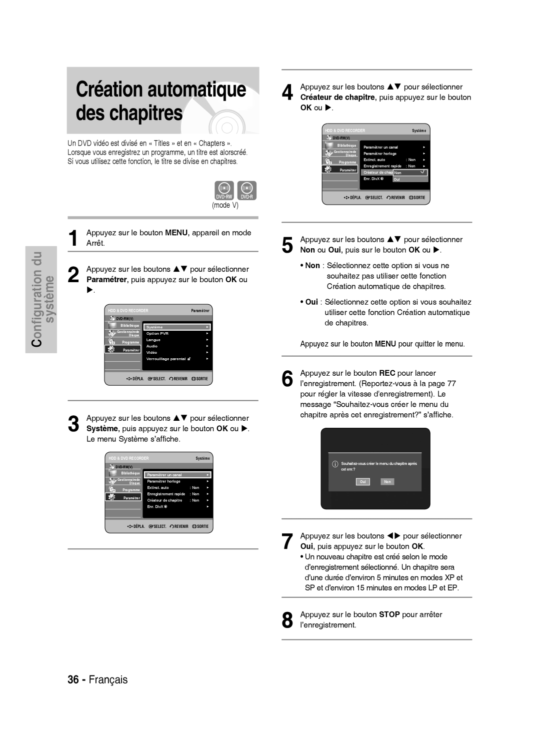 Samsung DVD-HR738/XEF manual Paramétrer, puis appuyez sur le bouton OK ou 