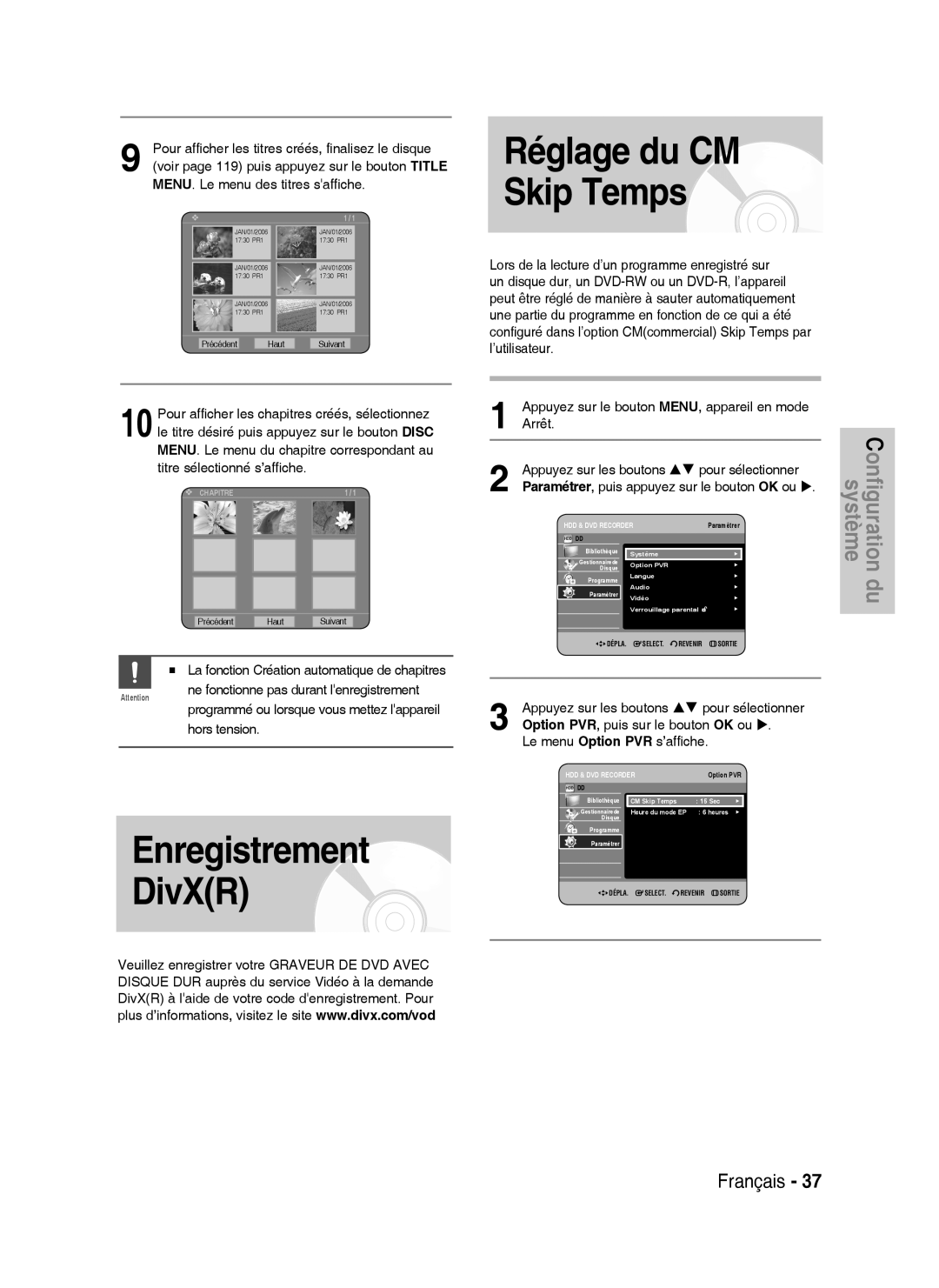 Samsung DVD-HR738/XEF manual Enregistrement DivXR Réglage du CM Skip Temps, Option PVR, puis sur le bouton OK ou 