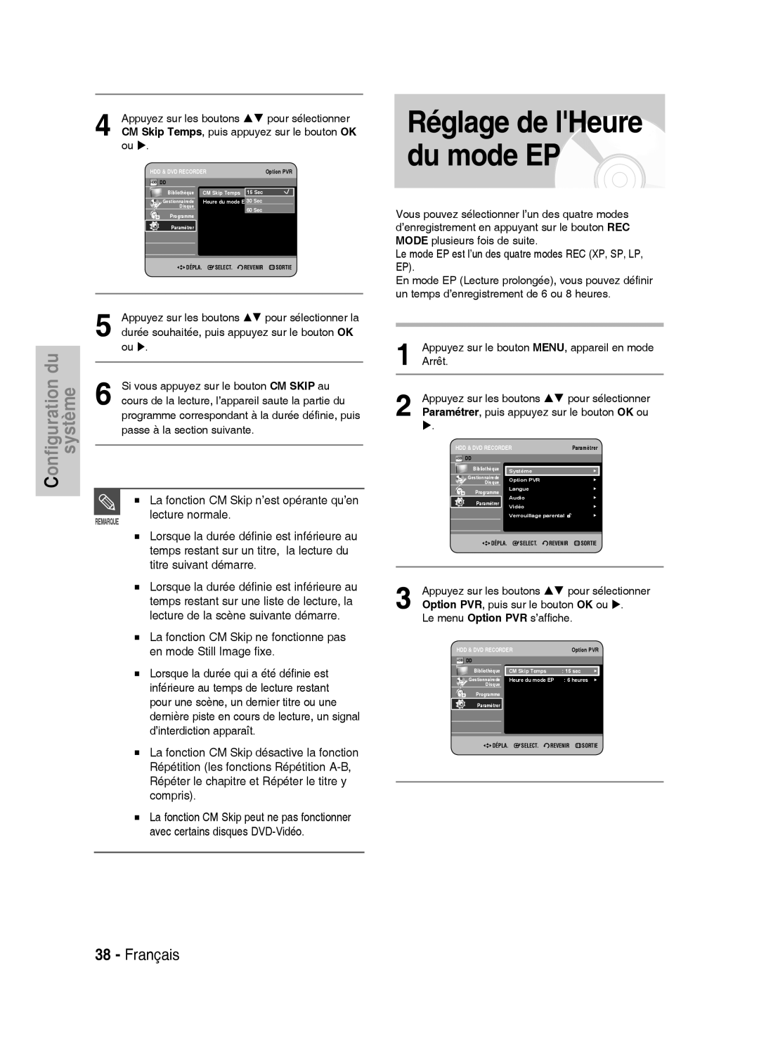 Samsung DVD-HR738/XEF manual Réglage de lHeure du mode EP, Sec 