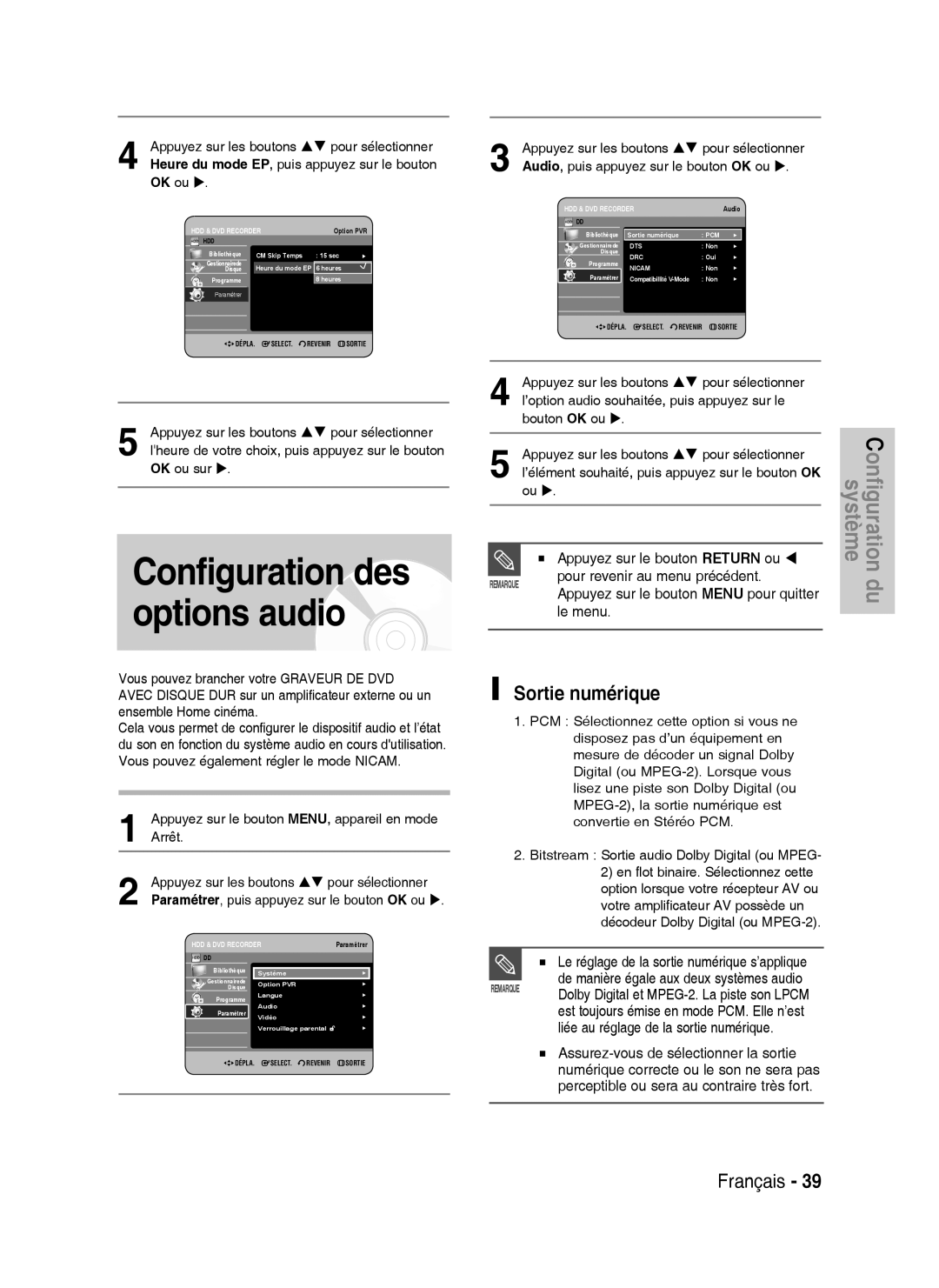 Samsung DVD-HR738/XEF manual Configuration des options audio, Sortie numérique, Appuyez sur le bouton Return ou W 