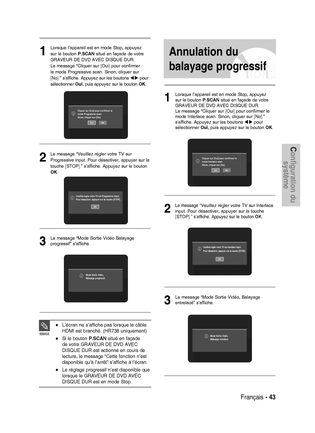 Samsung DVD-HR738/XEF manual Le message Veuillez régler votre TV sur, Touche STOP. s’affiche. Appuyez sur le bouton 