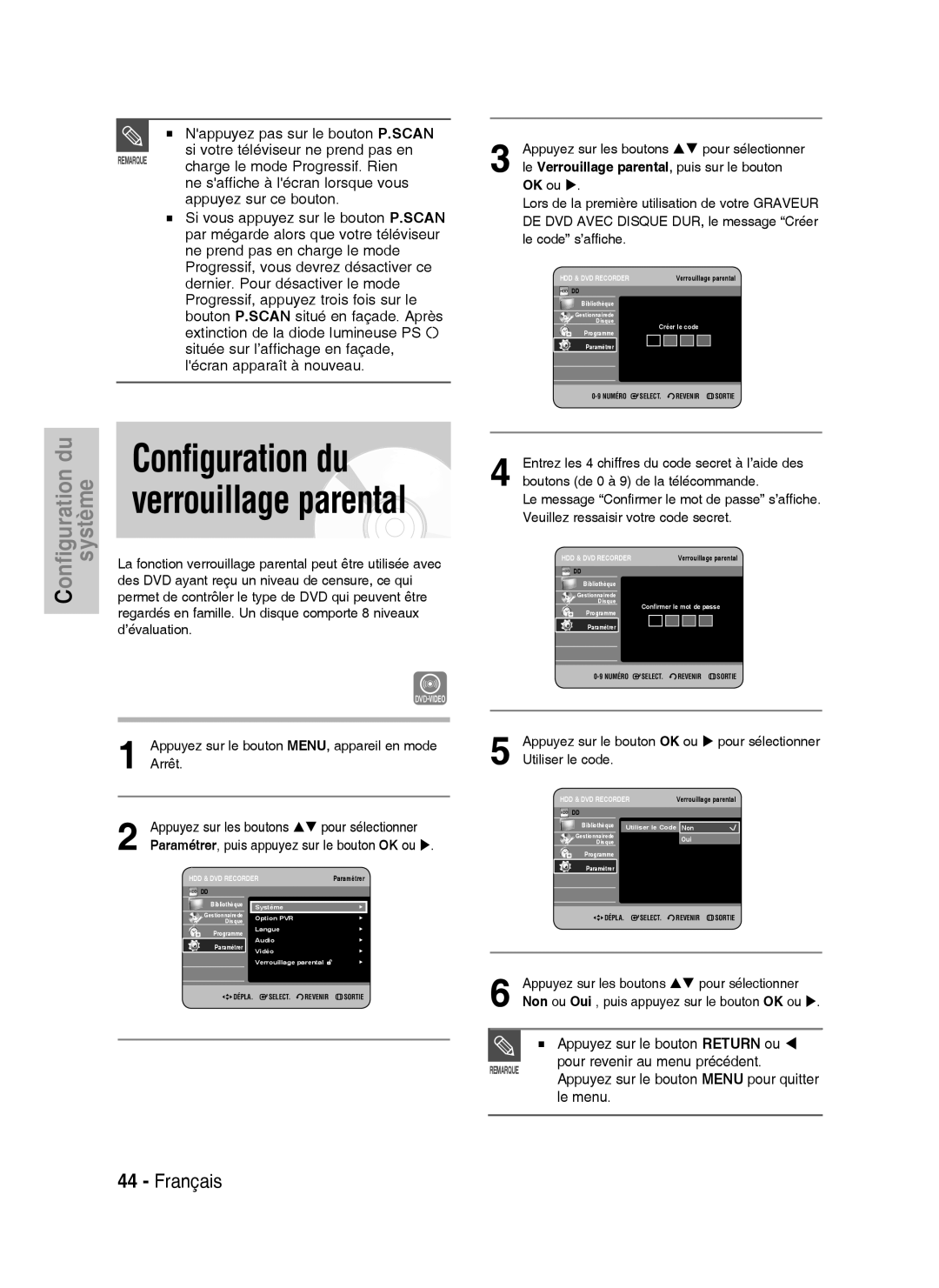 Samsung DVD-HR738/XEF manual Configuration du, Verrouillage parental 