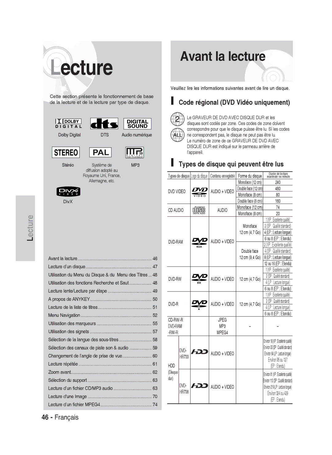 Samsung DVD-HR738/XEF Avant la lecture, Code régional DVD Vidéo uniquement, Types de disque qui peuvent être lus, Rw/-R 