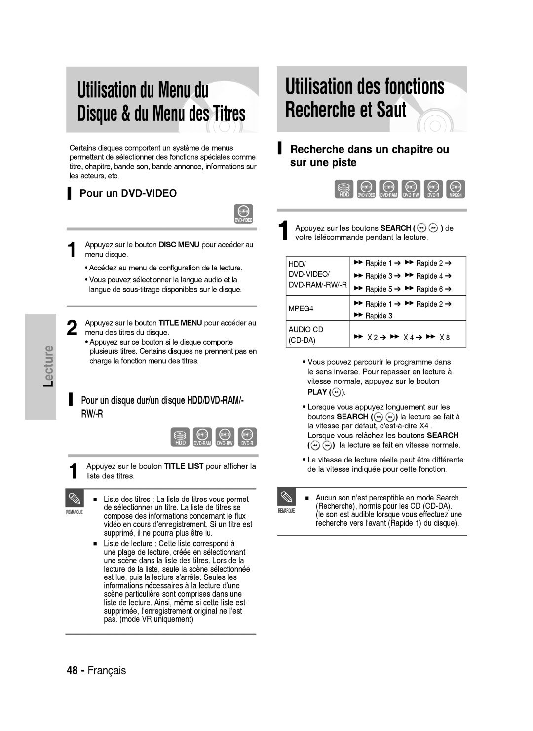 Samsung DVD-HR738/XEF Pour un DVD-VIDEO, Recherche dans un chapitre ou sur une piste, Supprimé, il ne pourra plus être lu 