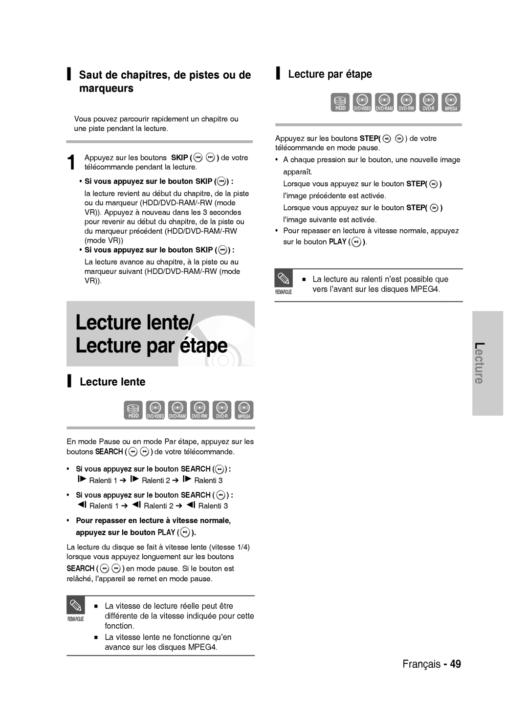 Samsung DVD-HR738/XEF manual Lecture lente/ Lecture par étape, Saut de chapitres, de pistes ou de marqueurs 