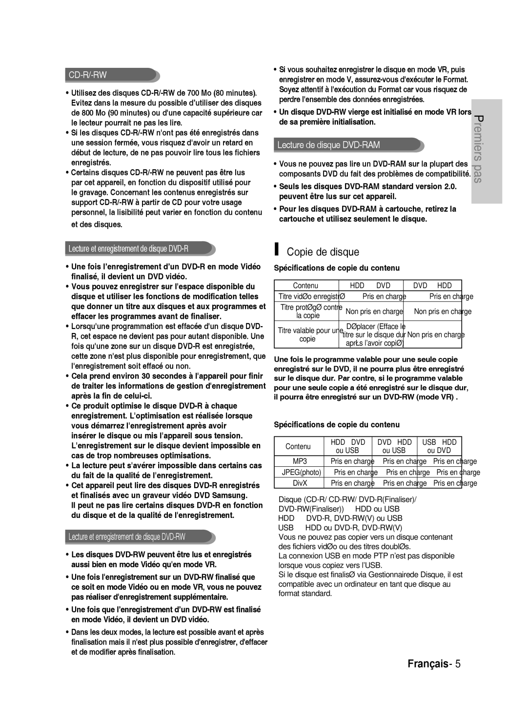 Samsung DVD-HR738/XEF manual Copie de disque, Spécifications de copie du contenu 