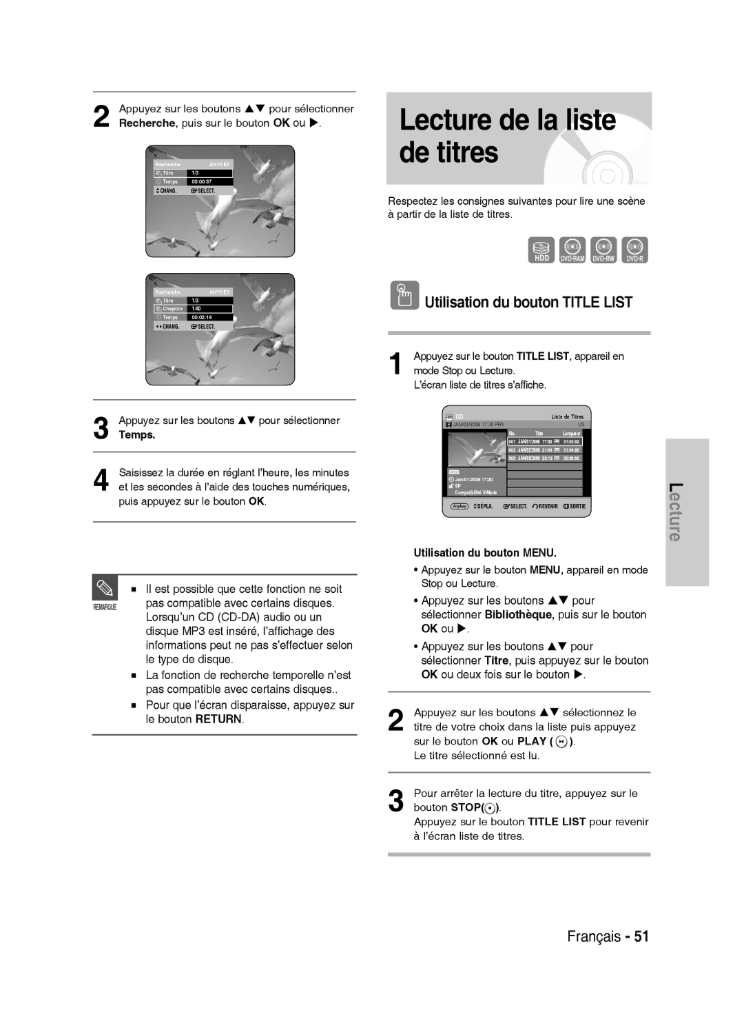 Samsung DVD-HR738/XEF manual Lecture de la liste de titres, NUtilisation du bouton Title List, Temps 