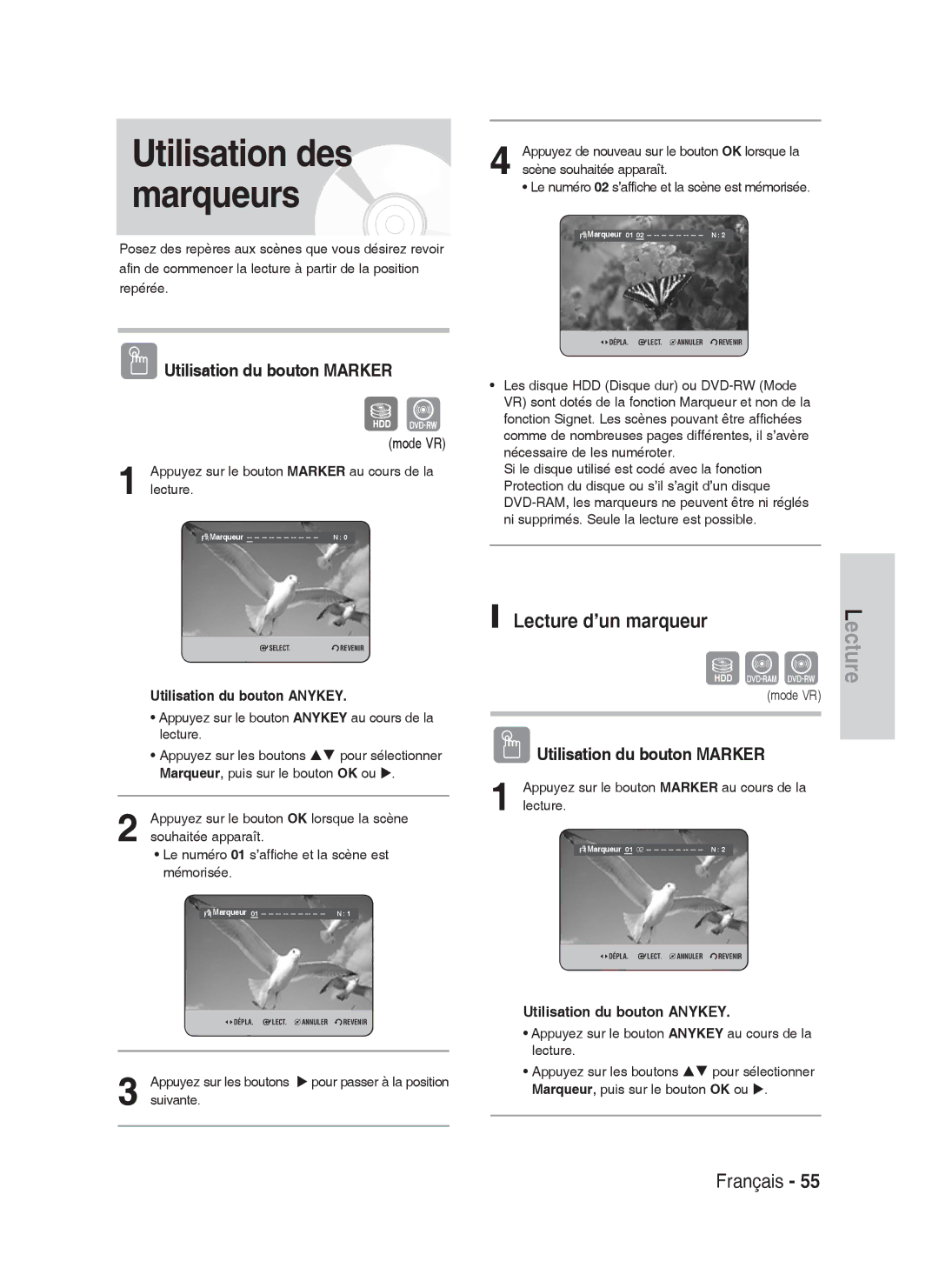 Samsung DVD-HR738/XEF Utilisation des marqueurs, Lecture d’un marqueurL SXC ecture, NUtilisation du bouton Marker, Mode VR 