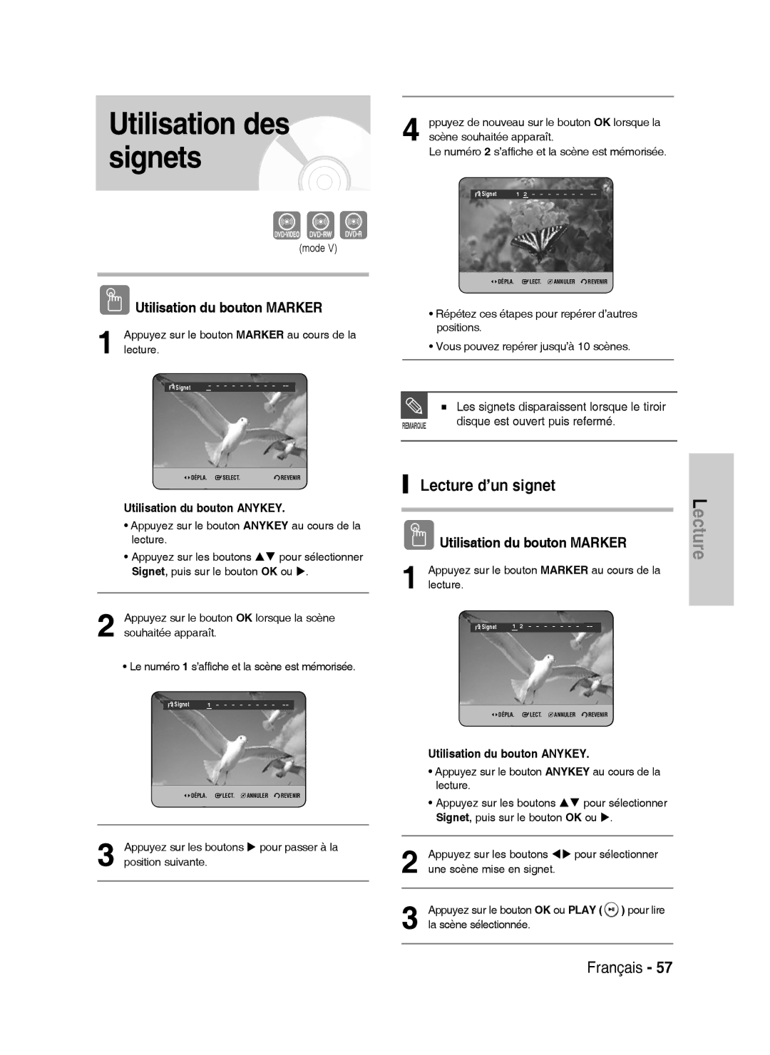 Samsung DVD-HR738/XEF manual Utilisation des signets, Lecture d’un signet 