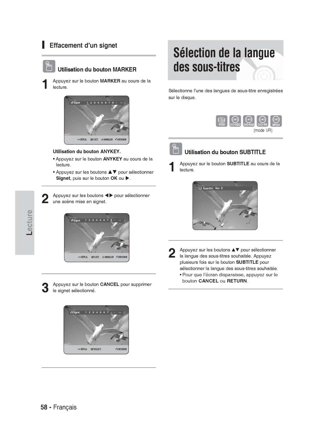 Samsung DVD-HR738/XEF manual Effacement d’un signet, NUtilisation du bouton Subtitle, Une scène mise en signet 