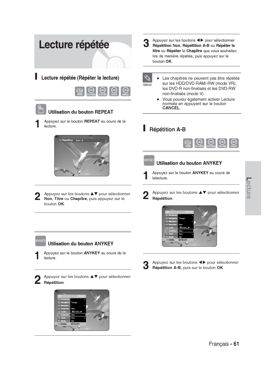 Samsung DVD-HR738/XEF manual Lecture répétée Répéter la lecture, Répétition A-B, NUtilisation du bouton Repeat 