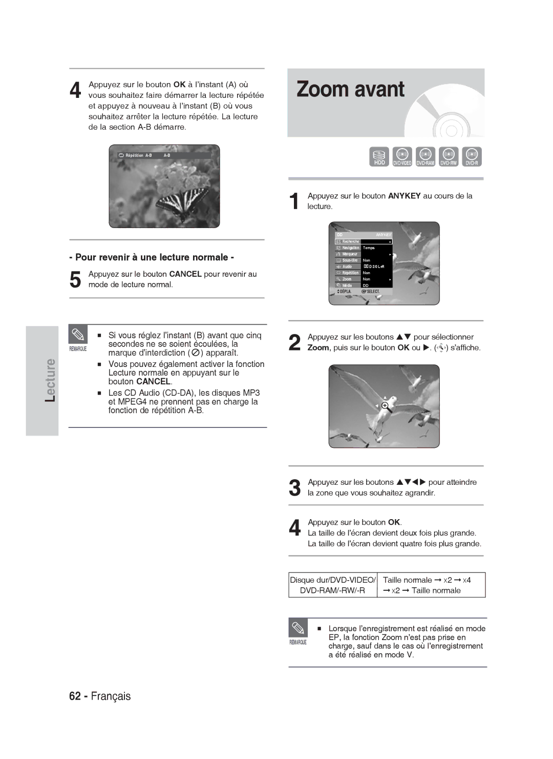 Samsung DVD-HR738/XEF manual Zoom avant 