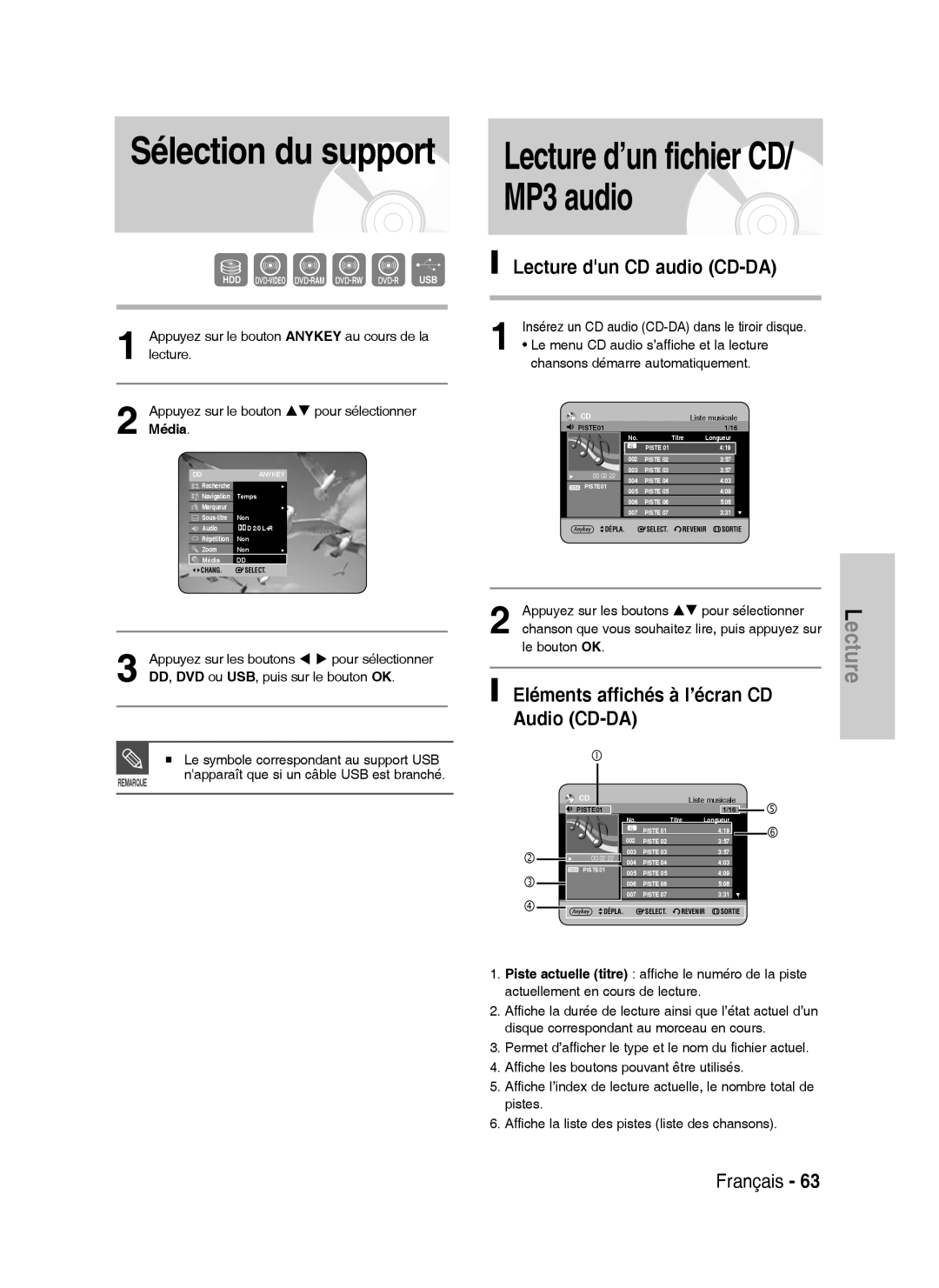 Samsung DVD-HR738/XEF manual Lecture dun CD audio CD-DA, Eléments affichés à l’écran CD Audio CD-DA, Le bouton OK 