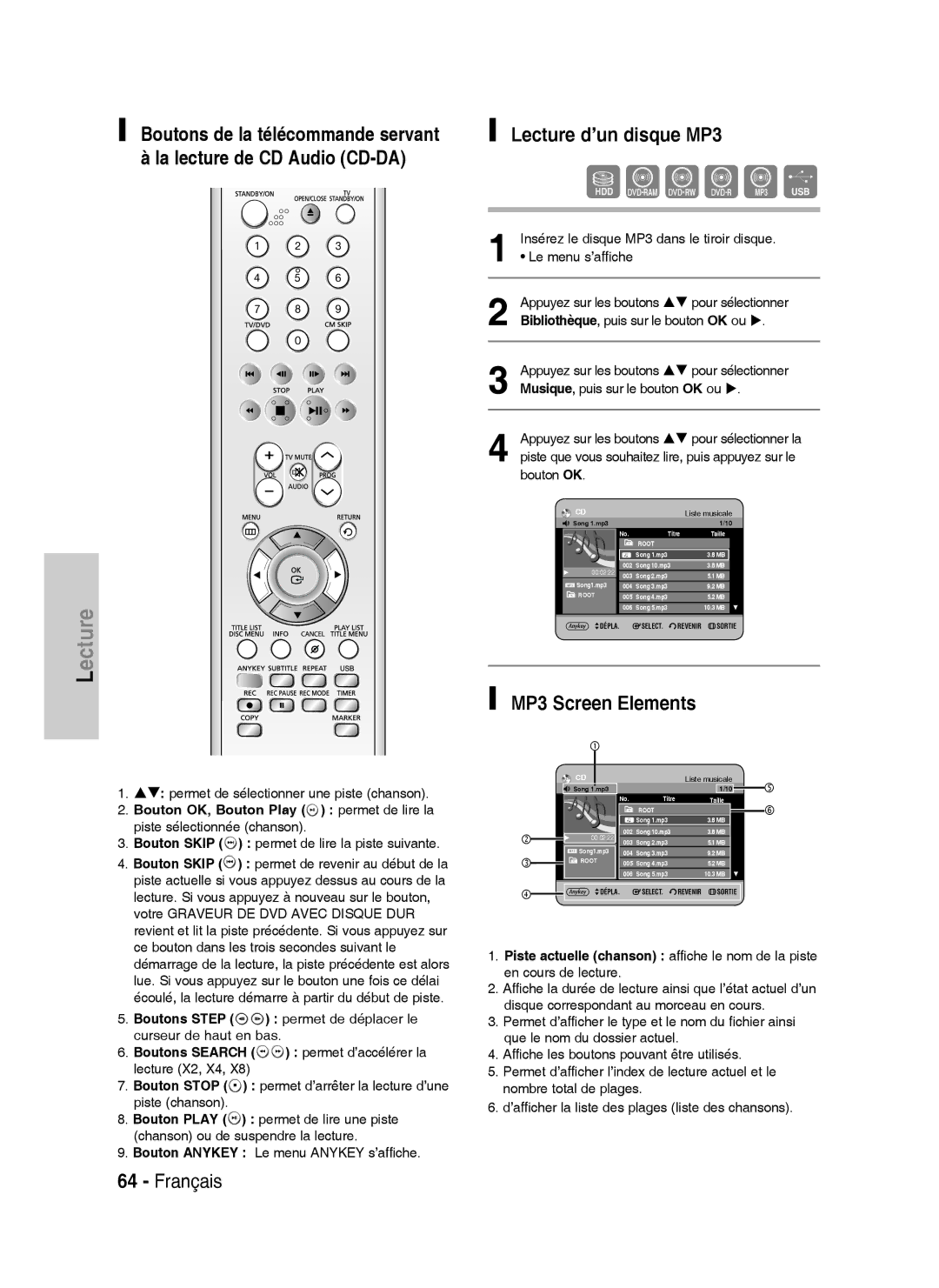 Samsung DVD-HR738/XEF manual Lecture d’un disque MP3, MP3 Screen Elements, Insérez le disque MP3 dans le tiroir disque 