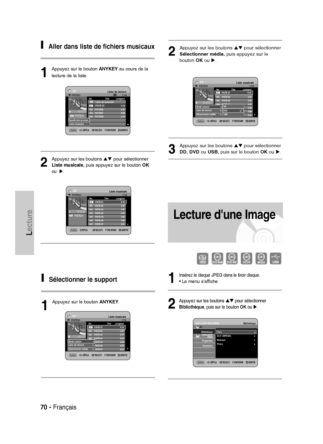 Samsung DVD-HR738/XEF manual Lecture dune Image, Sélectionner le support, Aller dans liste de fichiers musicaux 