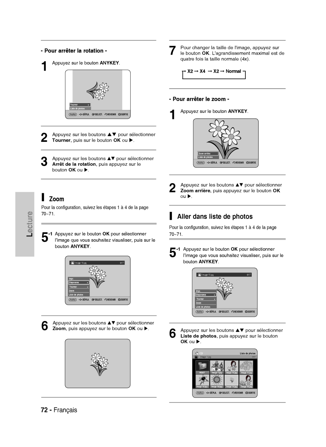 Samsung DVD-HR738/XEF manual Zoom, Aller dans liste de photos, X2 Normal 