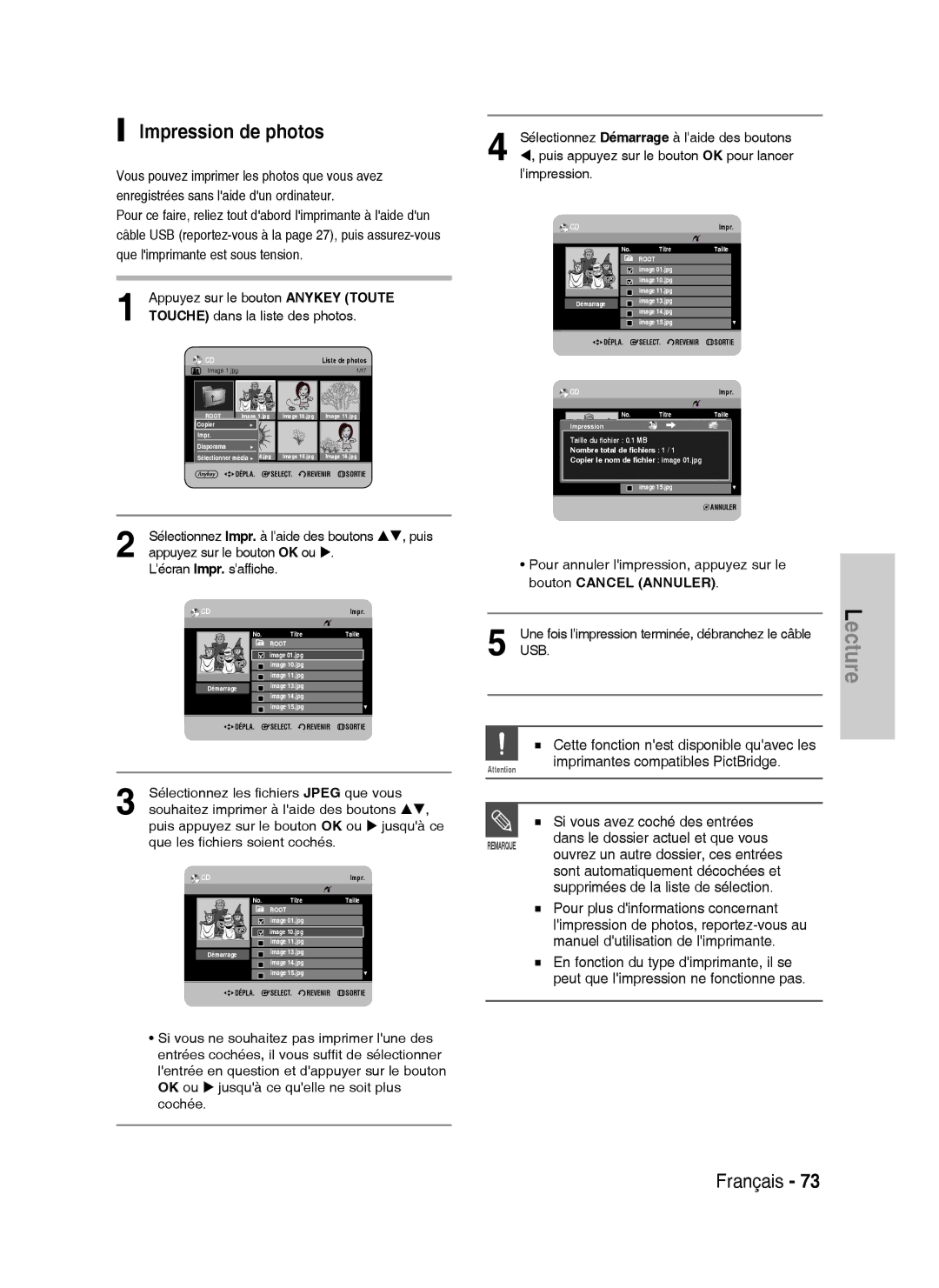 Samsung DVD-HR738/XEF manual Impression de photos 