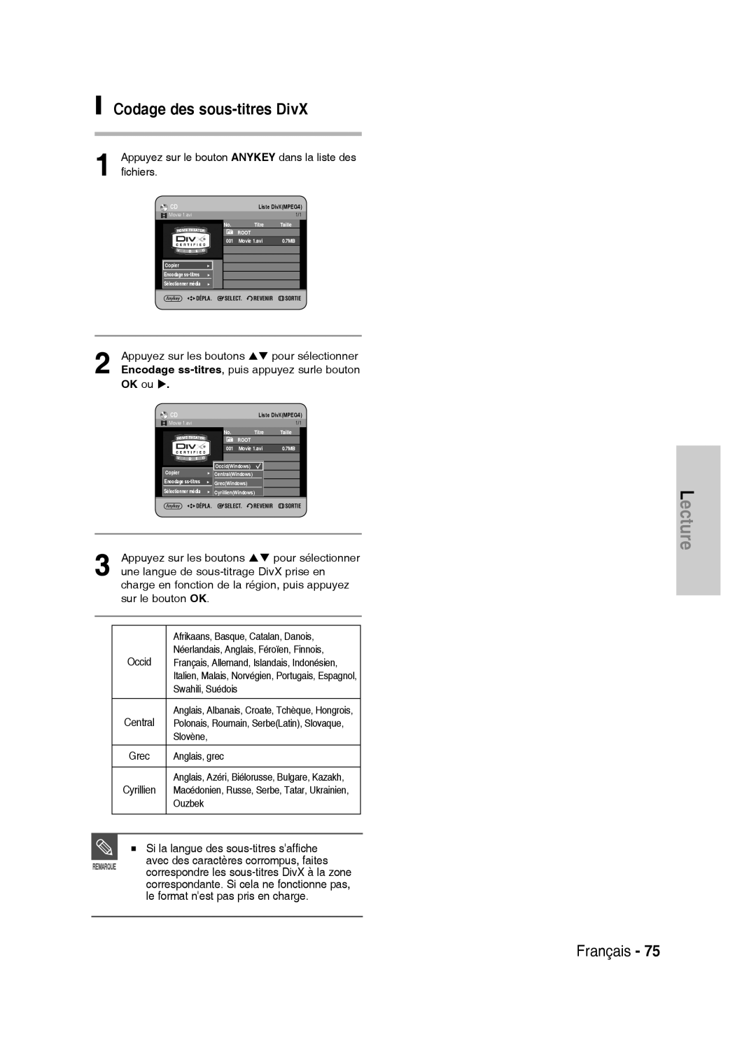 Samsung DVD-HR738/XEF manual Codage des sous-titres DivX, Appuyez sur le bouton Anykey dans la liste des, Fichiers 