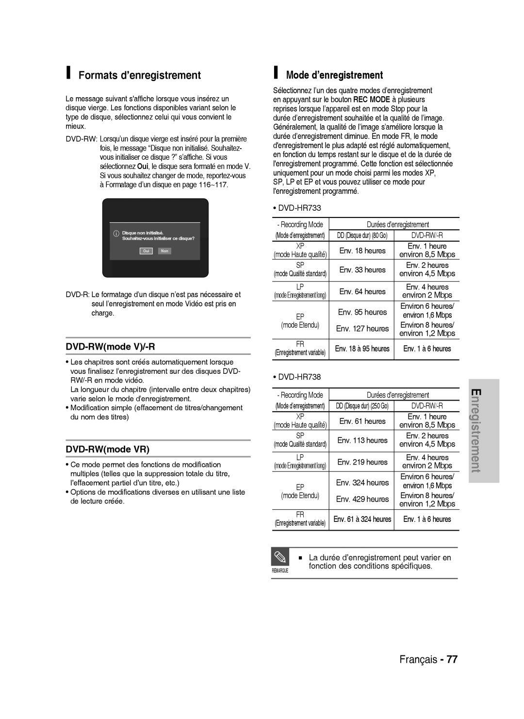 Samsung DVD-HR738/XEF manual Formats d’enregistrement, Mode d’enregistrement, DVD-HR733, Environ 1,6 Mbps 