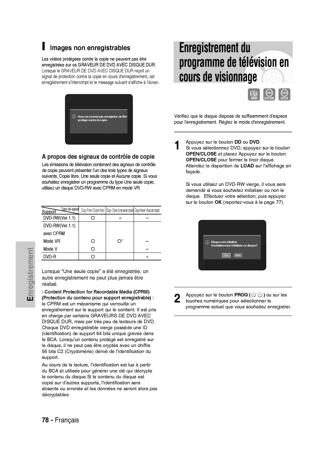 Samsung DVD-HR738/XEF manual Images non enregistrables, Propos des signaux de contrôle de copie 