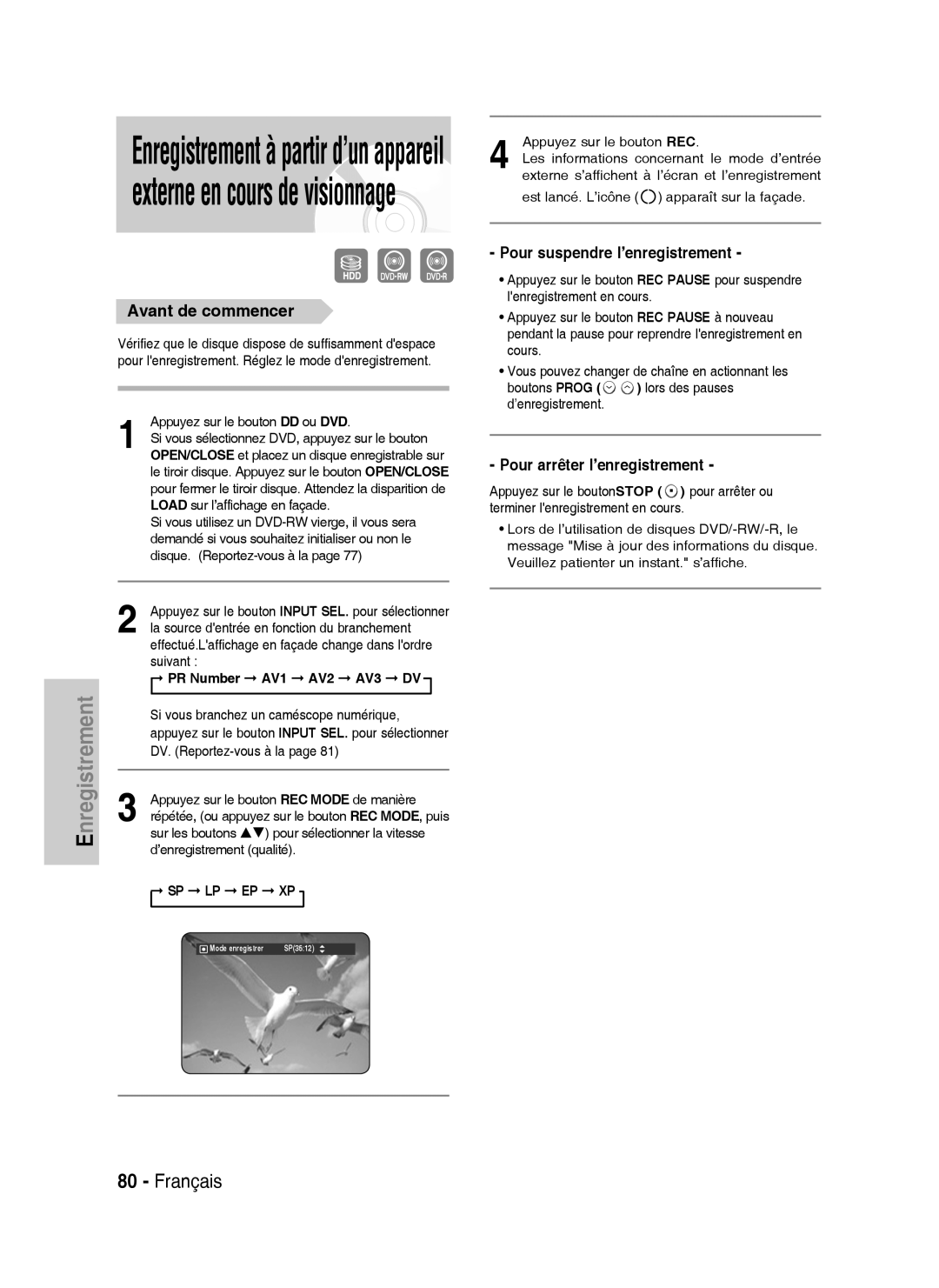 Samsung DVD-HR738/XEF manual Si vous sélectionnez DVD, appuyez sur le bouton, Load sur l’affichage en façade, Suivant 