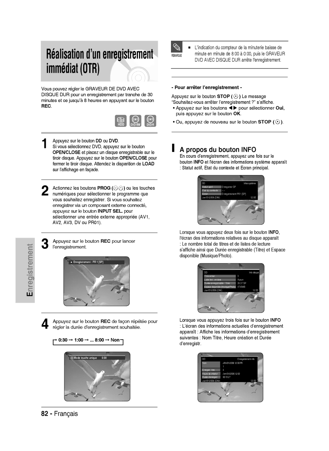 Samsung DVD-HR738/XEF manual Propos du bouton Info, Appuyez sur le bouton REC pour lancer l’enregistrement, 030 100 .. Non 