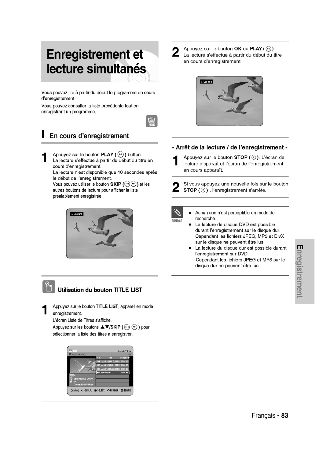 Samsung DVD-HR738/XEF manual Enregistrement et lecture simultanés, En cours d’enregistrement, Pour 