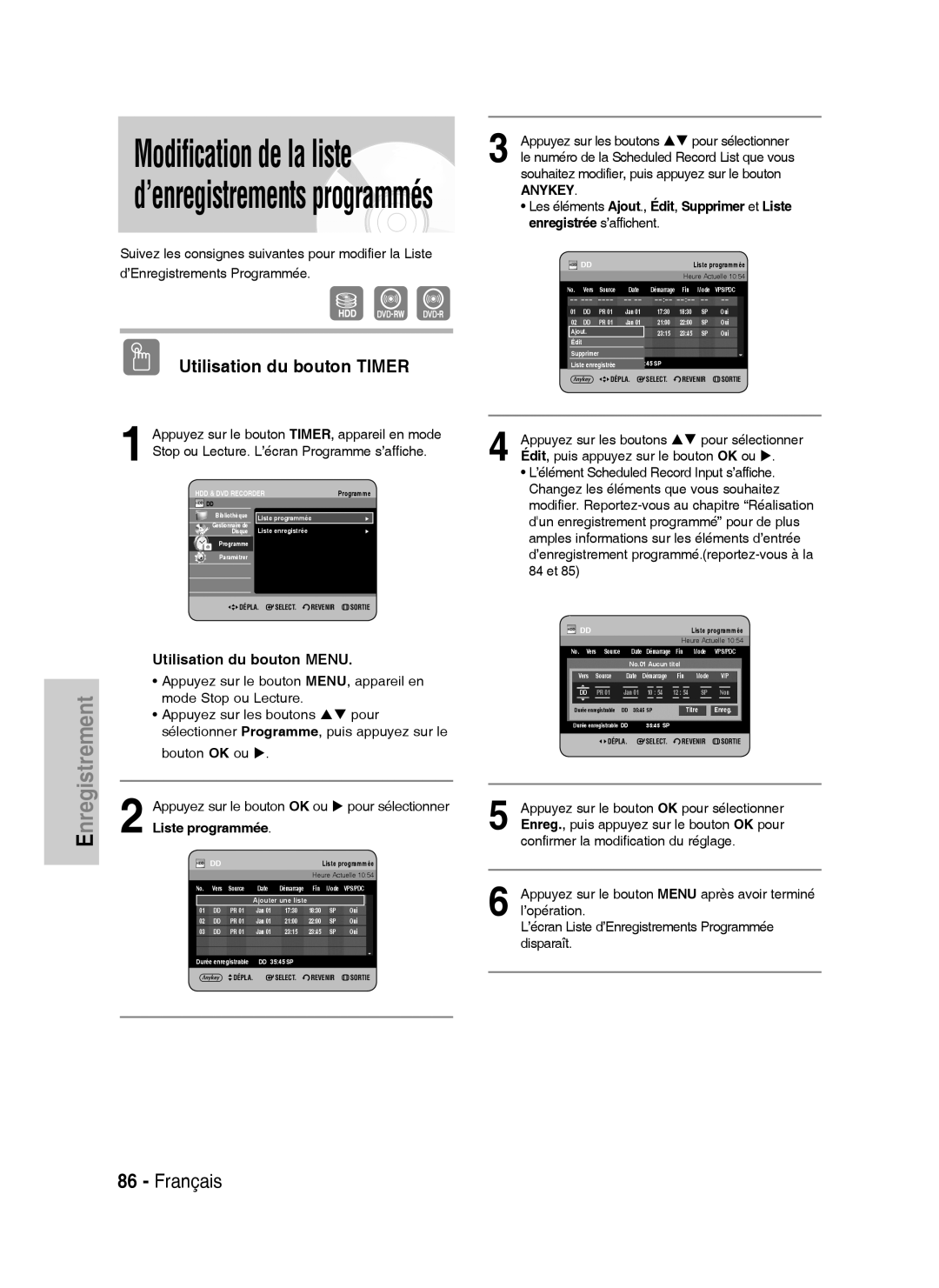 Samsung DVD-HR738/XEF manual Liste programmée 