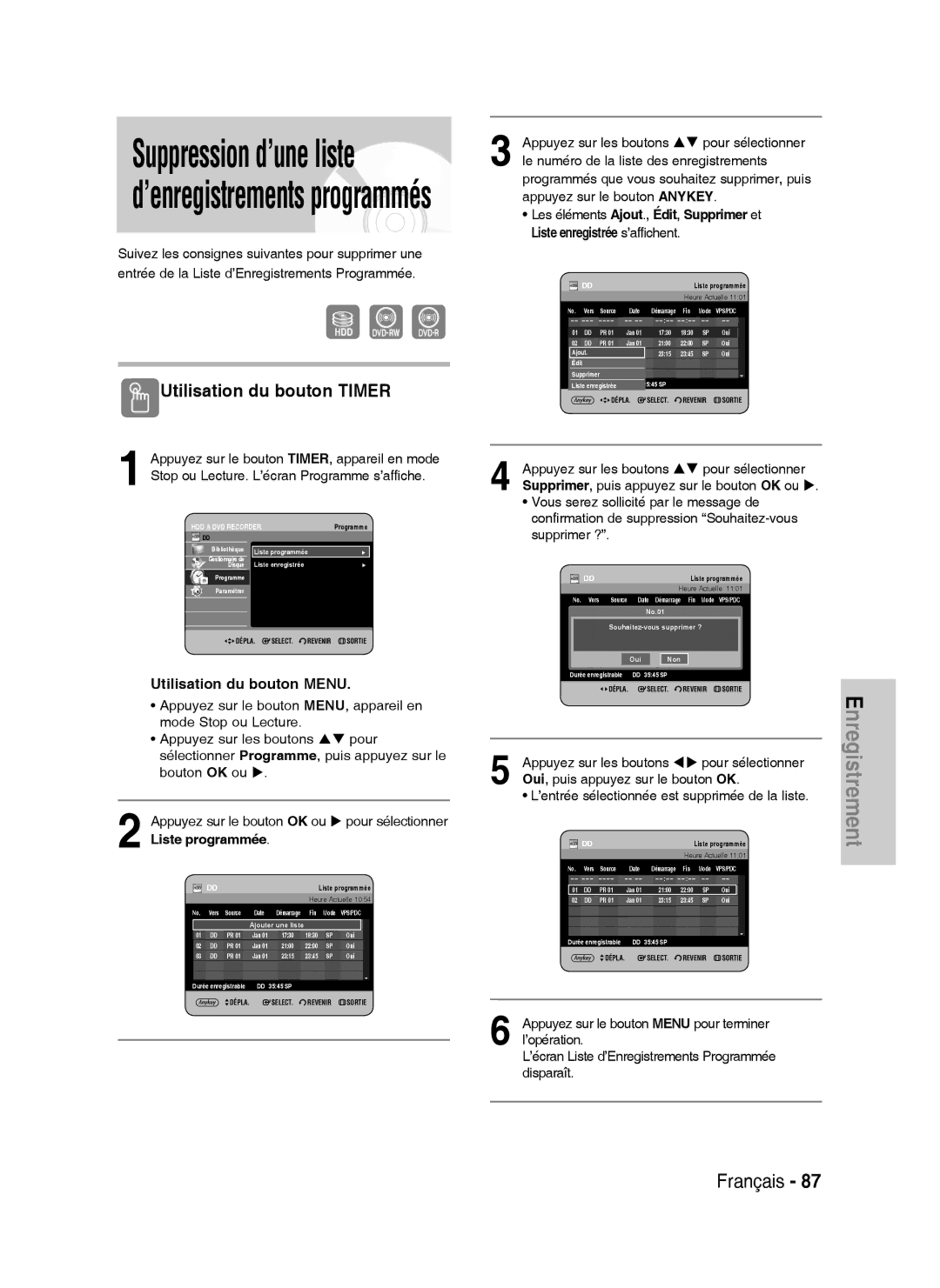 Samsung DVD-HR738/XEF Liste enregistrée s’affichent, Supprimer ?, Confirmation de suppression Souhaitez-vous, Mode VPS/PDC 