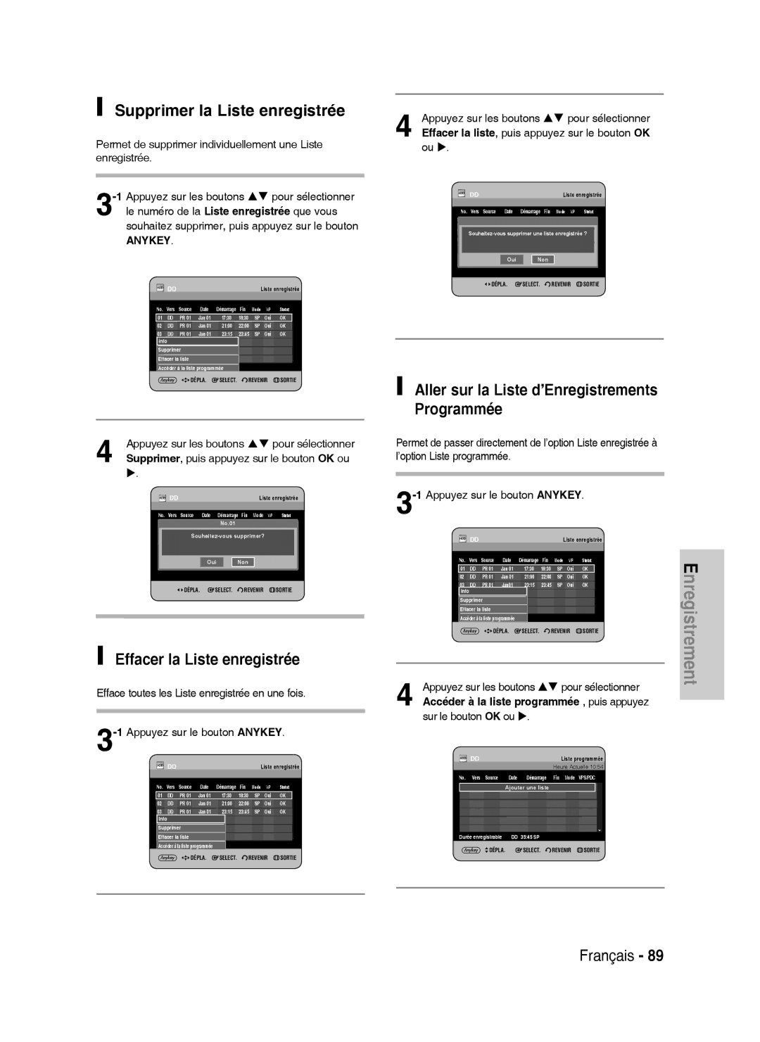 Samsung DVD-HR738/XEF manual Supprimer la Liste enregistrée, Effacer la Liste enregistrée, Sur le bouton OK ou 