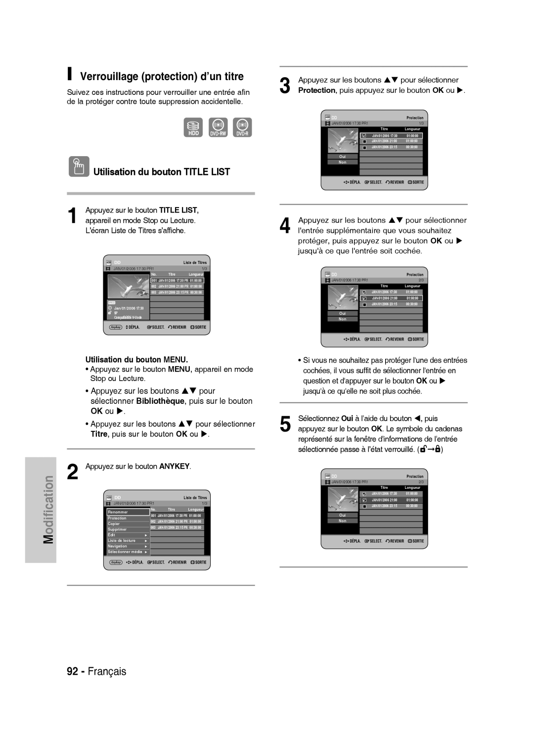 Samsung DVD-HR738/XEF manual Verrouillage protection d’un titre 