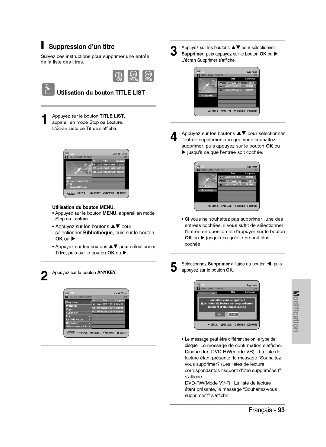 Samsung DVD-HR738/XEF manual Suppression d’un titre, Jusquà ce que lentrée soit cochée, Supprimer 