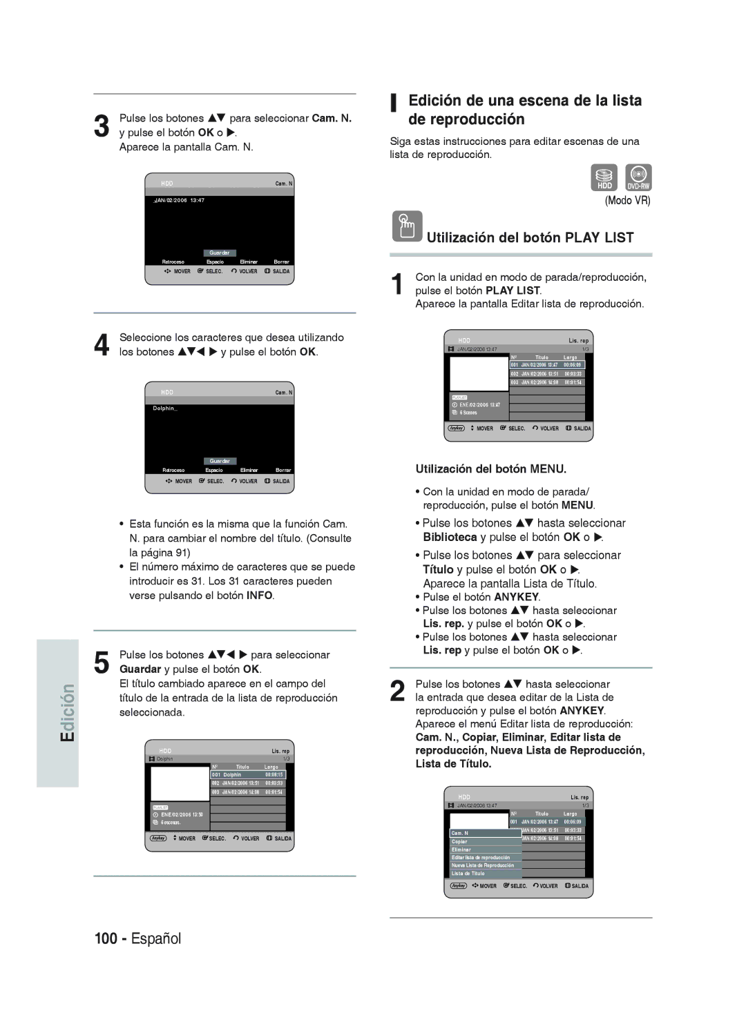 Samsung DVD-HR733/EUR, DVD-HR738/XEG, DVD-HR733/XEG, DVD-HR738/XEB manual Edición de una escena de la lista de reproducción 