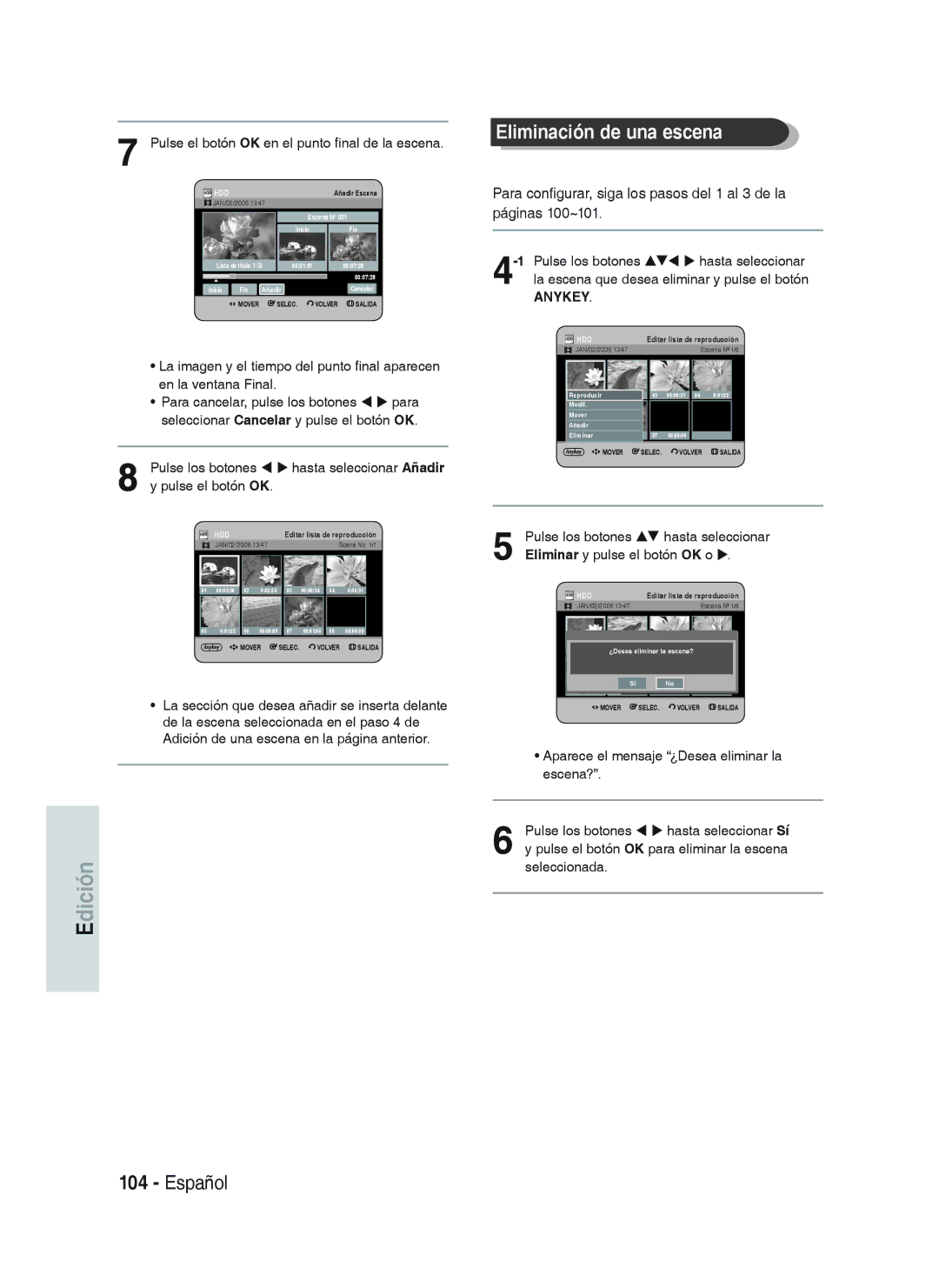 Samsung DVD-HR738/XEU, DVD-HR738/XEG, DVD-HR733/XEG, DVD-HR733/EUR, DVD-HR738/XEB, DVD-HR738/XEF Eliminación de una escena 