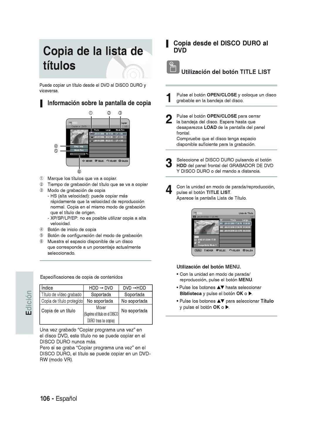 Samsung DVD-HR738/XEN Copia de la lista de títulos, Copia desde el Disco Duro al, Información sobre la pantalla de copia 