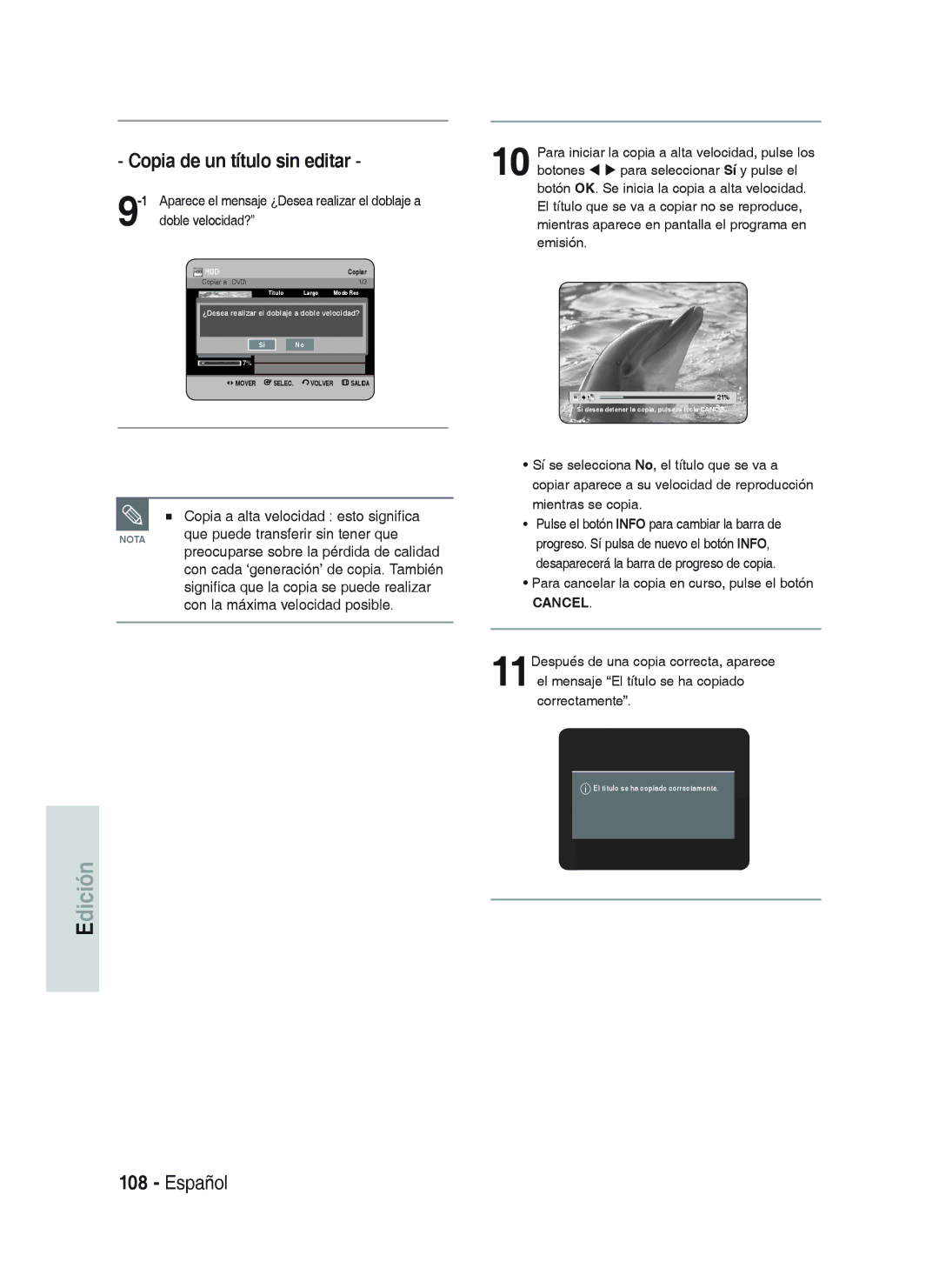 Samsung DVD-HR738/XEE, DVD-HR738/XEG, DVD-HR733/XEG Copia de un título sin editar, Copia a alta velocidad esto significa 