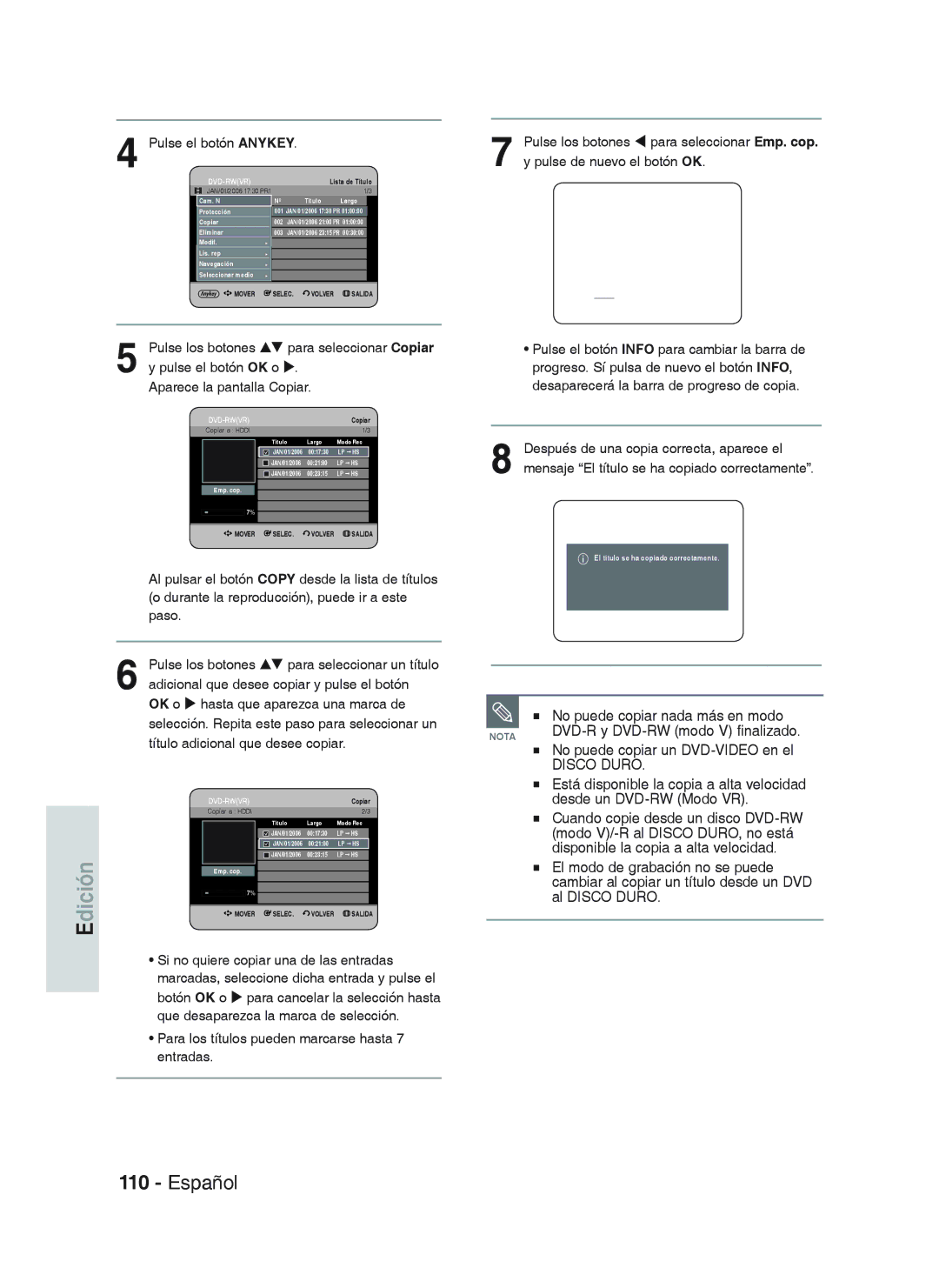 Samsung DVD-HR738/XEH, DVD-HR738/XEG, DVD-HR733/XEG No puede copiar nada más en modo, No puede copiar un DVD-VIDEO en el 