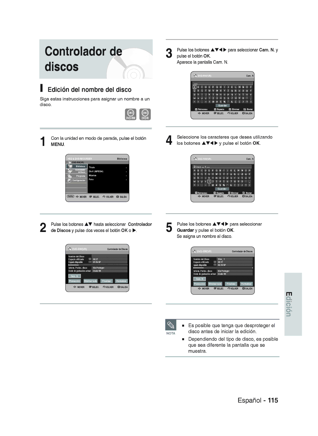 Samsung DVD-HR738/XEB, DVD-HR738/XEG, DVD-HR733/XEG manual Edición del nombre del disco, Disco antes de iniciar la edición 