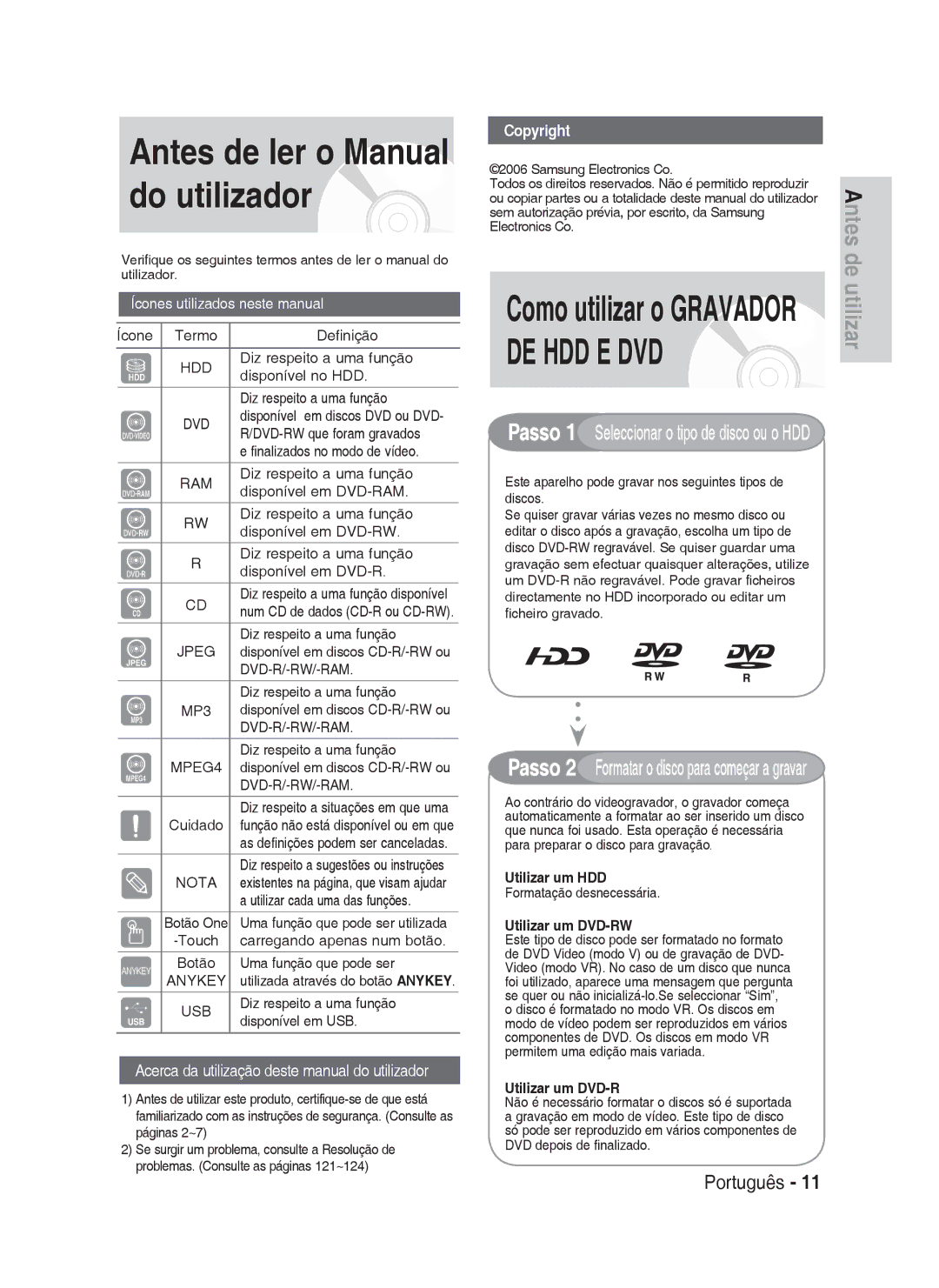 Samsung DVD-HR738/XEG, DVD-HR733/XEG, DVD-HR733/EUR, DVD-HR738/XEB, DVD-HR738/XEF manual Utilizar um HDD, Utilizar um DVD-RW 