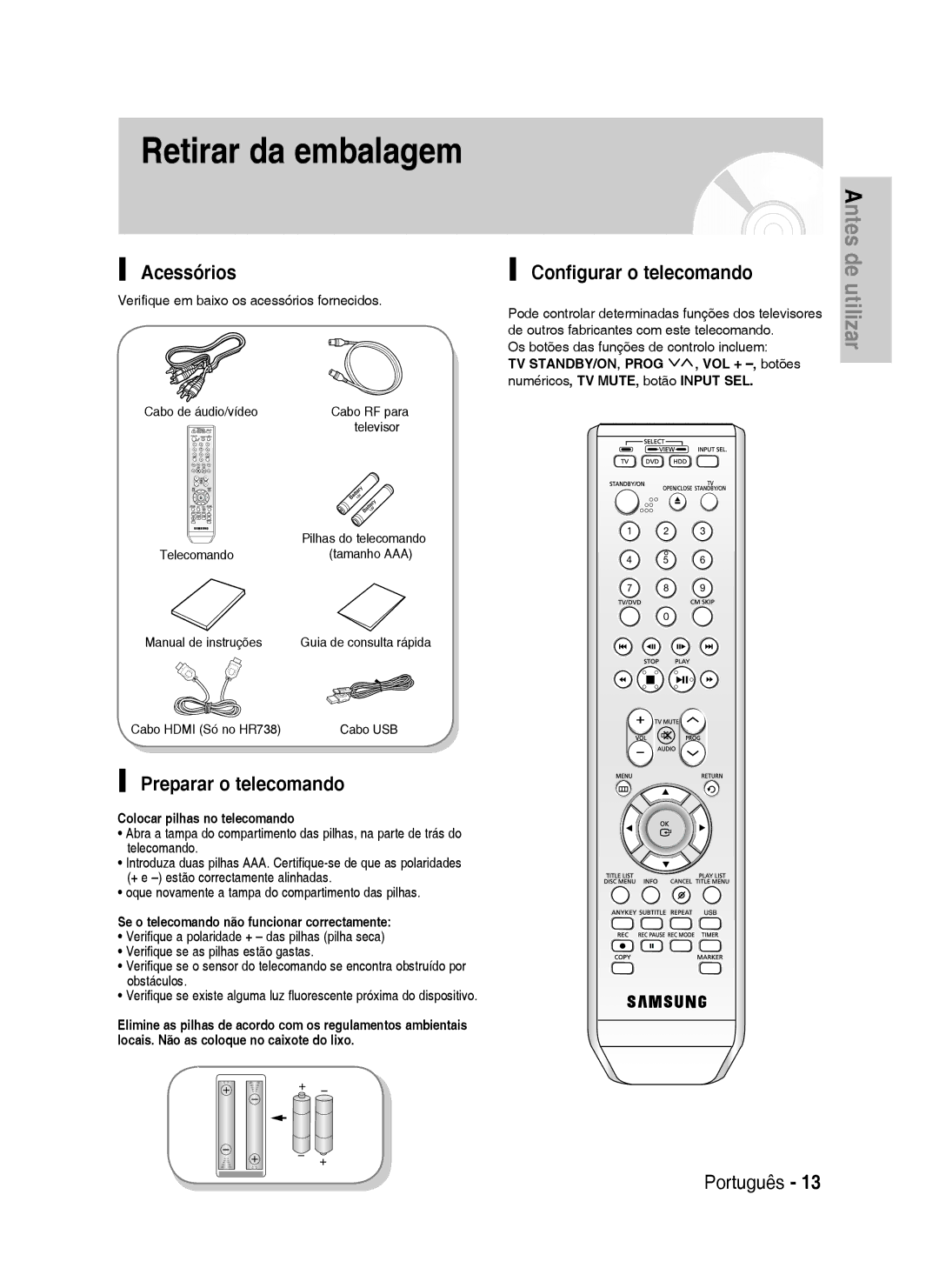 Samsung DVD-HR733/EUR manual Acessórios, Preparar o telecomando, Configurar o telecomando, Colocar pilhas no telecomando 