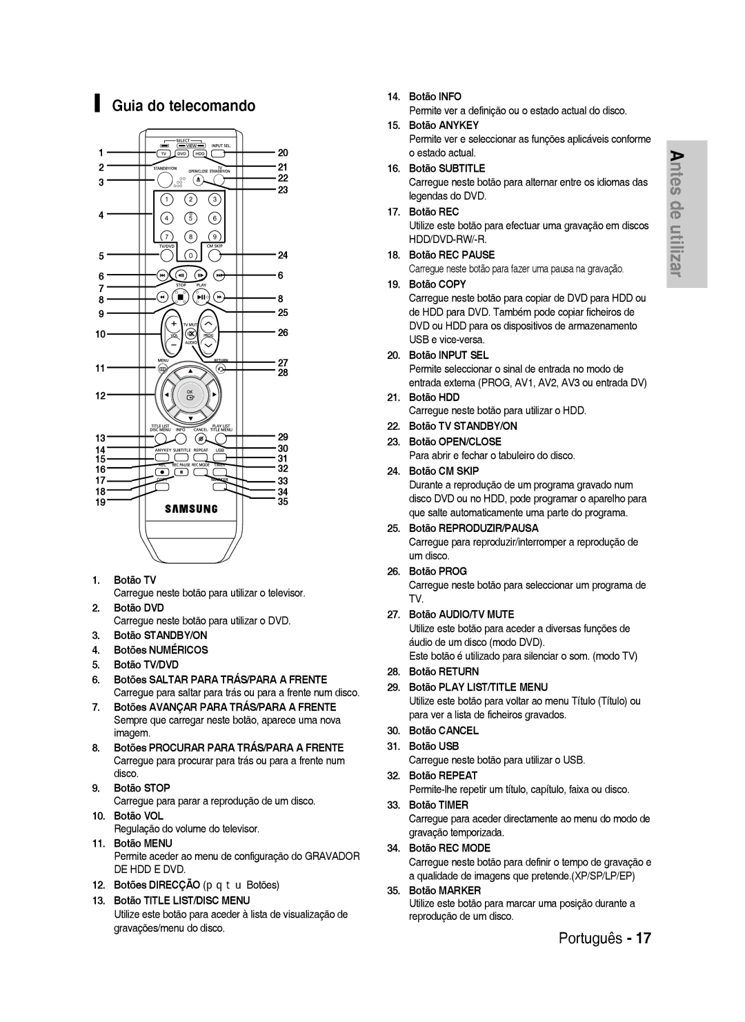 Samsung DVD-HR738/XEU, DVD-HR738/XEG, DVD-HR733/XEG, DVD-HR733/EUR, DVD-HR738/XEB, DVD-HR738/XEF manual Guia do telecomando 